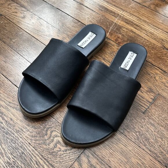 Steve Madden Karolyn Black Leather Slides - Picture 1 of 6